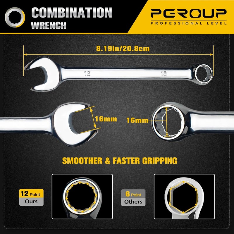 pgroup 16mm Metric Combination Wrench, CR-V Steel with Mirror Polish, 12-Point Design, 15-Degree Offset, Perfect for Auto Repair, Household, Car & Truck Emergency - Image 2